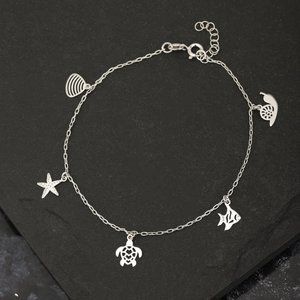 Vanbelle Sterling Silver Jewelry Multi-charm Sea-Theme Anklet